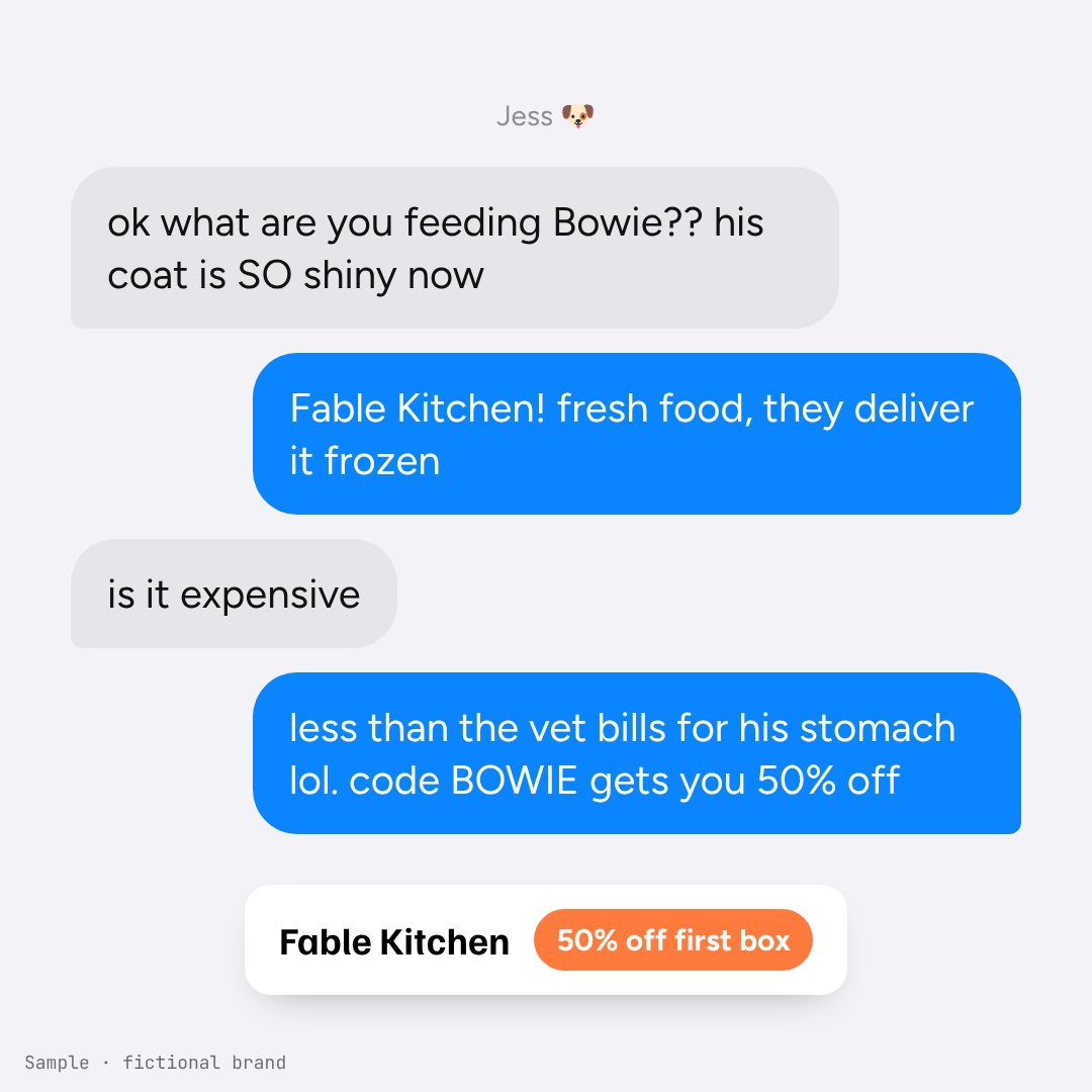 Sample text-message style static ad for a pet food brand